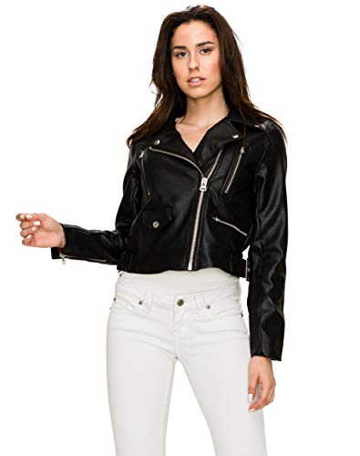 Lock and Love WJC1852 Womens Faux Leather Motorcycle Biker Jacket S Black