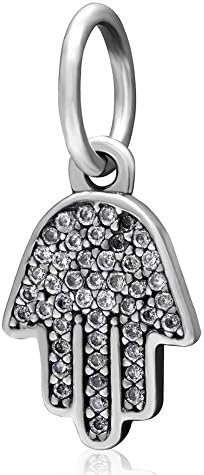 Choruslove Hamsa Hand Charm Clear CZ Dangle 925 Sterling Silver Bead Fit Compatible European Bracelet(Symbo of Protection)