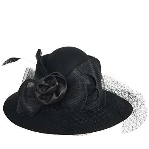 Women's Fascinator Wool Felt Hat Cocktail Party Wedding Fedora Hats (B-Black)