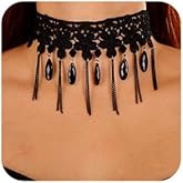 Missgrace Boho Punk Vintage Black Lace Shiny Tassel Choker Necklace for Women Chunky Short Necklace Black Chain Necklace for Women