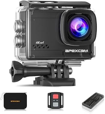 Apexcam 4K Sports Camera com cartão de memória de 64GB WiFi Underwater Waterproof 40M Action Camera 2.0'LCD 170° Grande Angular 2.4G Remote 2 1050mAh baterias e vários acessórios