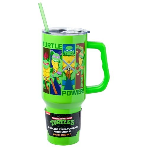 Silver Buffalo Teenage Mutant Ninja Turtles TMNT Turtle Power Featuring Stainless Steel Tumbler with Handle and Straw, Fits in Standard Cup Holder, 40 Ounces
