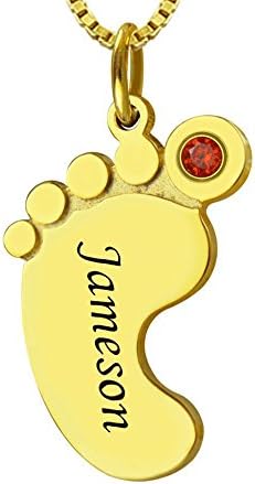 One Baby Feet Jewelery Engraved Kids Names with Birthstone- Necklace with Name Pendant Custom Made (18K gold 14"(35cm)-Child) Gold14.0 inches