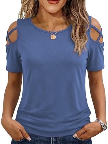 KKG Cold Shoulder Summer Tops for Women Short Sleeve V Neck Lace
