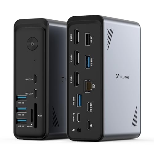TobenONE 18 in 1 Laptop Docking Station with 3 Monitors, Triple 4K Display, 3 HDMI Ports, 9 USB Ports, Gigabit Ethernet, PD3.0, for Windows/Dell/Lenovo/HP Laptops