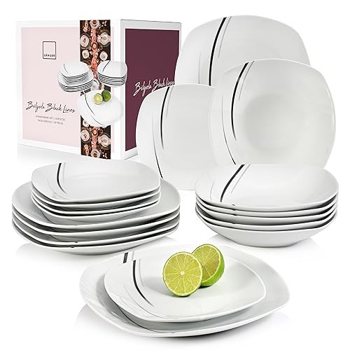 SÄNGER | Tafelservice Bilgola Black Lines aus Porzellan, 18-teiliges Geschirrset für 6 Personen, Teller Set, Eckig | PREMIUM COLLECTION thumbnail 1