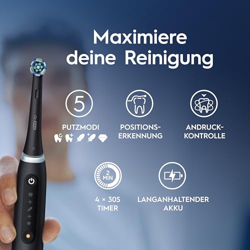 Oral-B iO Series 5 Plus Edition Elektrische Zahnbürste, Doppelpack — Electric Toothbrush, Inkl. 4 Aufsteckbürsten, 5 Putzmodi für Zahnpflege, Reise-Etui — Designed by Braun, Schwarz/Weiß thumbnail 3