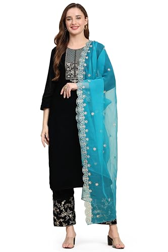 TRENDMALLS Damen Samt Stickerei Salwar Anzug Set Kurta Hose mit Dupatta, Blaugrün, M