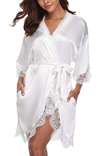 sunshinemall Womens Lace Trim Satin Bathrobe Kimono Nightgown Bridal Robe White