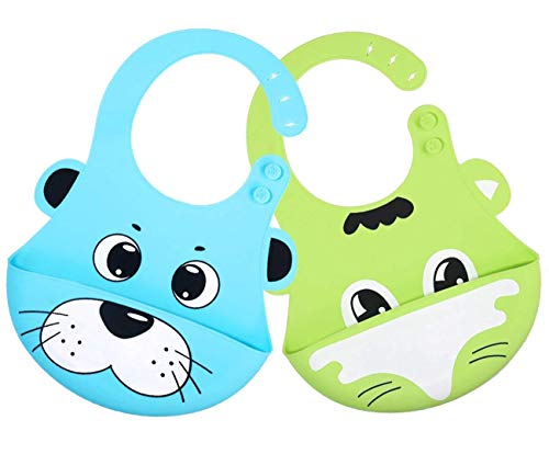 Waterproof Silicone Bib Easily Wipes Clean Feeding Baby Bibs for Babies and Toddlers by MMBABY (Animal Blue/Green)