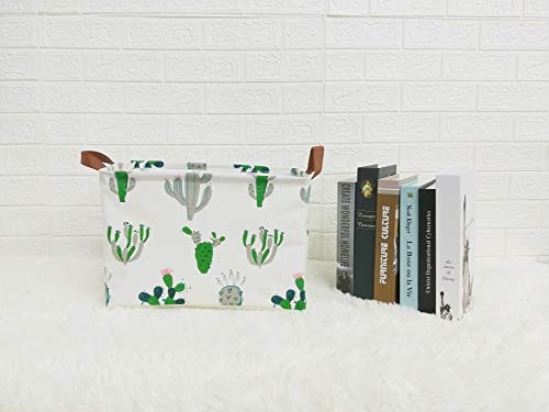 TIBAOLOVER Square Natural Linen & Cotton Fabric Storage Bin Handles organizing Kids Toy/Playroom Organization/Toy Bin/Closet/Shelf Baskets/Baby Hamper (Green and Gray Cactus)