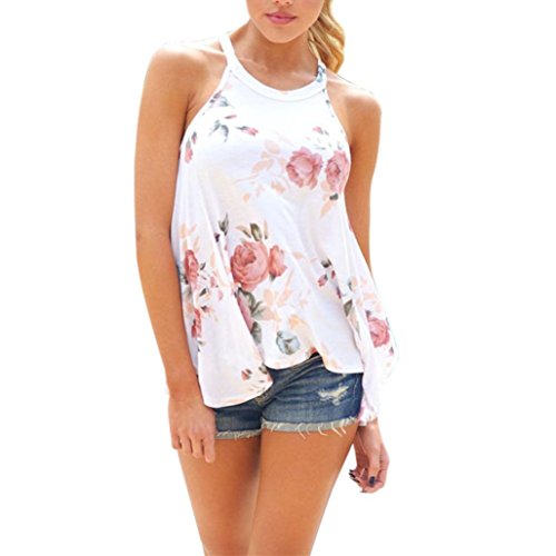 YANG-YI Women Stripe Short Sleeve Flower Printed T-Shirt Polyester Blouse Casual Tops (M, White)