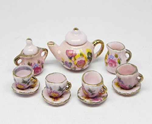 Dollhouse Miniature "Vintage Look" Pink &amp; Gold Roses Tea Set