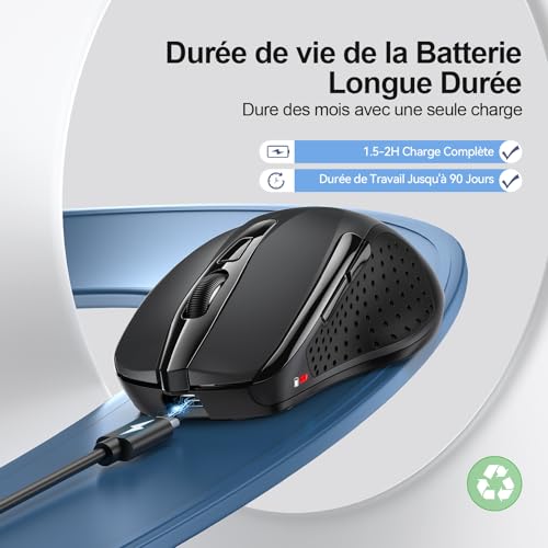 TECKNET Bluetooth Mouse, Wireless Rechargeable Silent Mouse 3 Modes (BT5.0/3.0+2.4G) 4800 DPI Ergonomic Mouse for Computers, Laptops, Mac, PC, Windows, Black