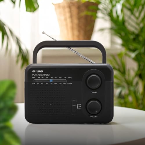 Aiwa Radio Analógico Portátil AWFML4 Am 520-1710 kHz FM 87.5-105 MHz Altavoz 3″ AUX, Bateria Recargable, Antena, Entrada de Auriculares 3.5 mm Color Negro