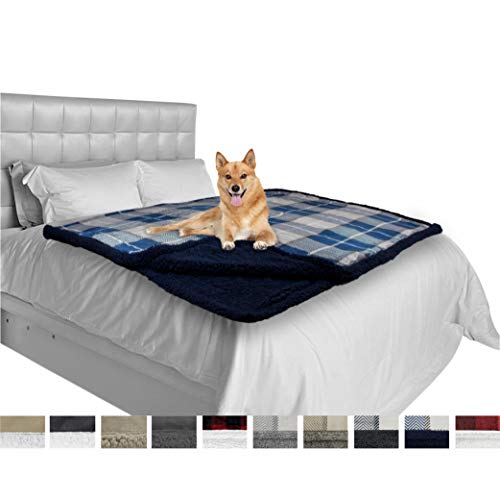 PetAmi Deluxe Dog Blanket for Large Dogs | Sherpa Fleece Pet Throw Blanket for Couch Sofa Bed | Soft Durable Reversible Furniture Protector for Medium Dog Cat Puppy – 80×60 Plaid Navy