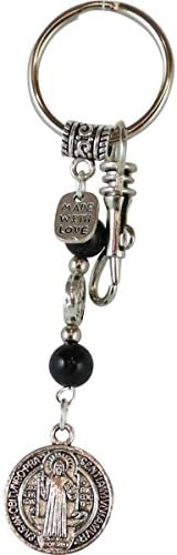 Saint St Benedict Pendant Key Chain for Women and Men Catholic Bag Charms Purse Car Accessories Onix Gemstone Catholic Gift Religious Spiritual /K100BLACK