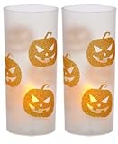 Glittery Halloween Candleholders with LED Tealight Candles ~ Pack of 2 (Jack-O-Lantern)