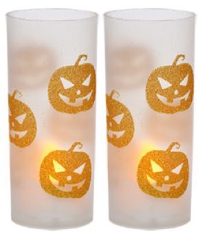 Glittery Halloween Candleholders with LED Tealight Candles ~ Pack of 2 (Jack-O-Lantern)