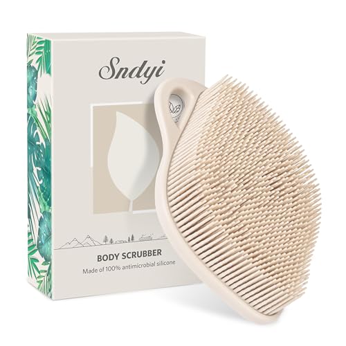 Sndyi Silicone Body Scrubber, Gentle Exfoliating Body Scrubber for Sensitive Skin, Leaf Shaped Shower Scrubber for Body with Lathering Bristles, Silicone Loofah Body Brush for Showering, Oatmeal