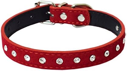 Pet Bling Rhinestone Velvet Studded Collar for Dogs Adjustable (S, Red)