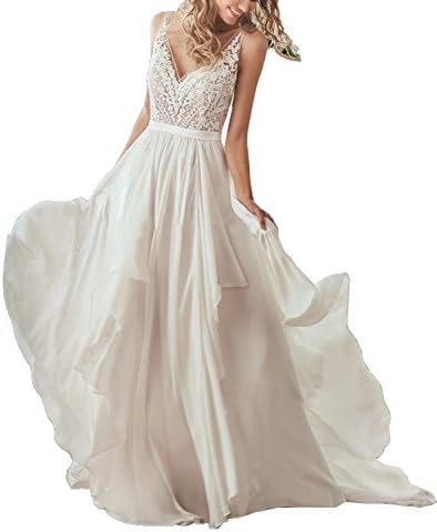 Nicefashion Women's Elegant Sheer Lace Straps Cascading Ruffles Destination Wedding Dress For Bride Ivory US6