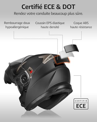 Modular Motorcycle Helmet ECE Approved – YEMA 1650926M Motorcycle Helmet Integral Scooter for Women Men Adults with Double Visors-Matte Black-S
