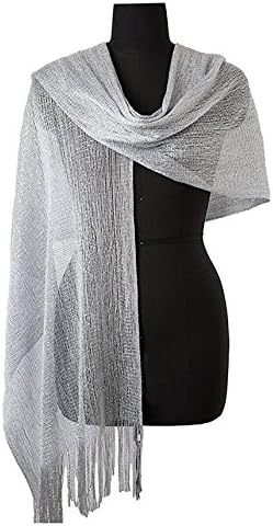 Nightycatty Wedding Evening Wrap Shawl Glitter Metallic Prom Party Scarf with Fringe ,Sliver,One Size