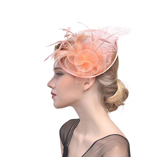 FeiYu Crafts Feather Mesh Net Sinamay Fascinator Hat with Clip and Headband for Cocktail (Champagne)