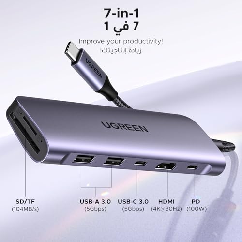 UGREEN Revodok USB C Hub 7-in-1 with [High-Speed] SD/TF Card Reader, 4K HDMI, Data Ports, 100W PD Charging [Braided Cable], USB-C Multiport Adapter for Windows, MacBook Pro, Monitor, Camera