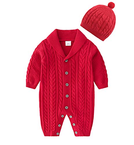 JooNeng Baby Newborn Cotton Knitted Sweater Romper Longsleeve Outfit with Warm Hat Set