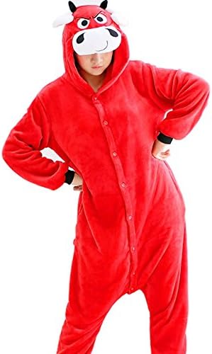 Etaclover Unisex Adult Fleece Pajamas Red bull Onesies Animal Cosplay Costume Kigurumi Lounge Wear,Small,Red Bull