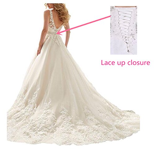 Fair-Lady-Womens-Double-V-Neck-Lace-Applique-Empire-Chapel-Train-Wedding-Dress