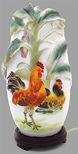 Rooster, Hen and Baby Chicks Handpainted Porcelain Lamp 3 Dimensional Chicken