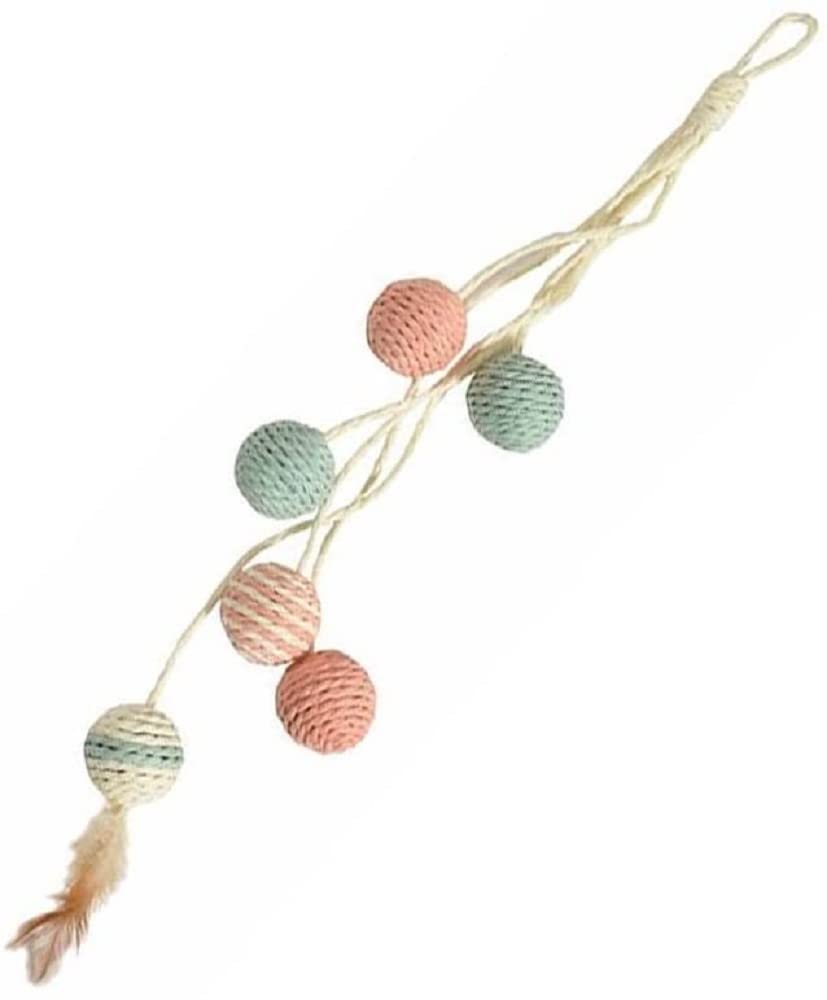 Bobby Bille - Scratching Post Cat Toys in recycled rope, with balls and feathers, to hang, Pink, 52 CM