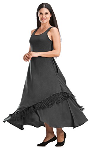 HolyClothing Sunita Fringed Boho 2-in-1 Indian Gypsy Dress - Medium - Black Midnight