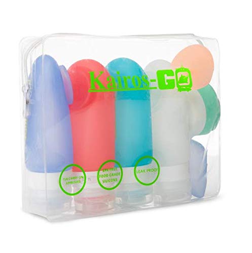 KAIROS-GO Ultimate 6-Piece Travel Toiletry Bottles Set â€“4x 3oz Leakproof & TSA-Approved Silicone Squeeze Liquid Containers, Portable Toothbrush Holder & Cream/Pills Jar In Clear Carryon Case