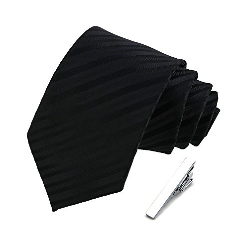 Men's Black Stripe Jacquard Woven Silk Tie Formal Party Suit Necktie + Gift Tie Clip