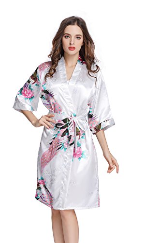 Amzchoice Women's Short Sleeve Kimono Robe Peacock & Blossoms for Spa, Wedding Bridal and Bridesmaid (L, White) - Thumbnail 2
