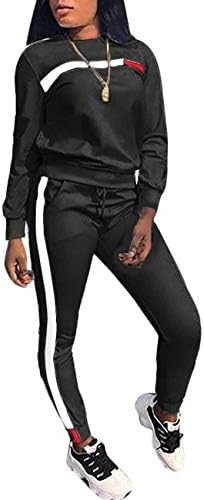 Subtle Flavor Women Stripe Patchwork Two Piece Sweatsuit Round Neck Pullover and Skinny Long Pants