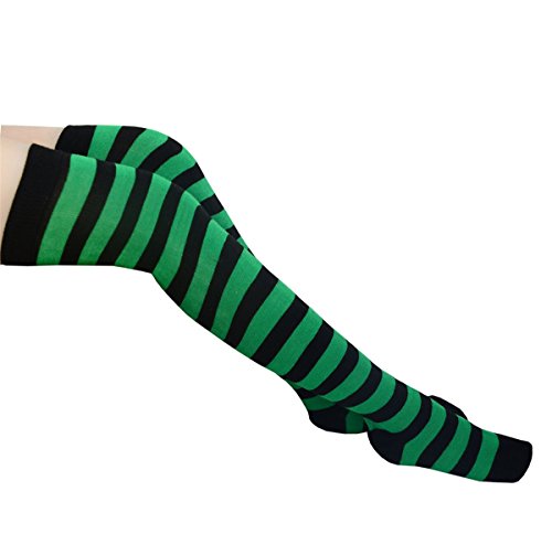 Raylarnia Women's Extra Long Opaque Striped Over Knee High Stockings Socks (Adjustable, Black/Green Stripes) - Thumbnail 2