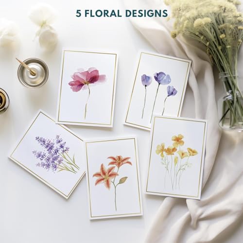 Uniiking® Blank Cards, 10 Pack Blank Greet Cards, Elegant Gold Foil Blank Note with Envelopes, Stationary Set for All Occasions, 5 Assorted Floral Designs