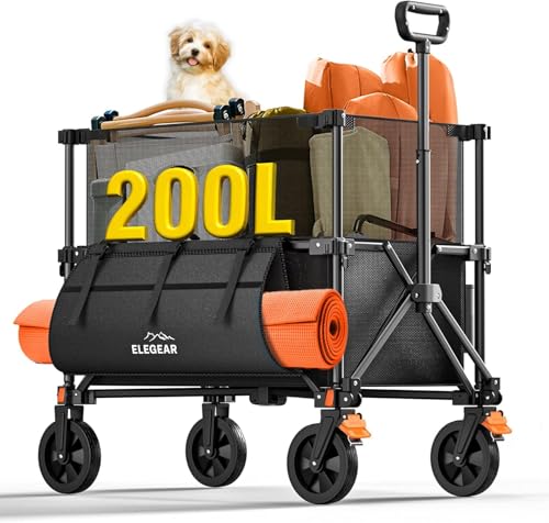 Elegear Beach Cart with Brakes 200L, Folding Garden Cart with Adjustable Handle and Cup Holder, Foldable Transport Cart for Camping Shopping Sports, Black