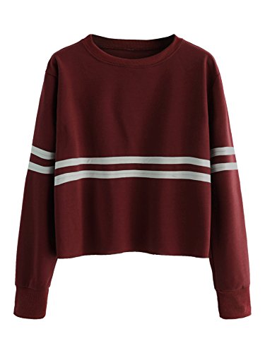 ROMWE Women's Casual Striped Long Sleeve Crop Top Sweatshirt Burgundy M
