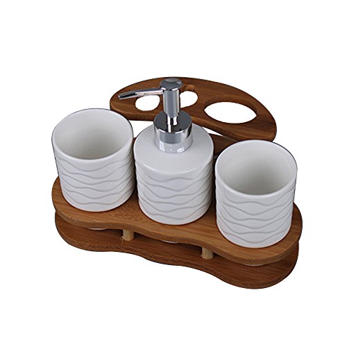 image for Generic Ceramics Soap Dispenser and 2 Tumblers, Bamboo Toothbrush Hold