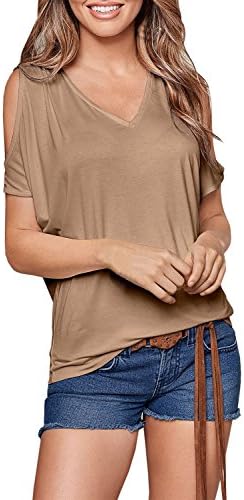 VOKY Womens Tops Cold Shoulder Tops V Neck Short Sleeve Blouse T Shirts (XL,Khaki)