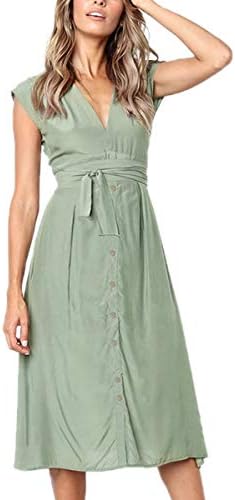 Aromelle Womens Summer Dresses Boho Striped Button V Neck Sleeveless Bow Tie Waist A Line Midi Skater Dress