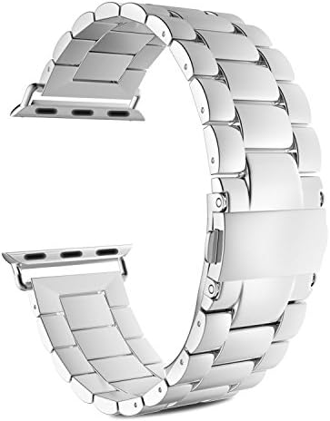 Smart Watch Stainless Steel 3 Links Band, Juvnile Stainless Steel Metal Replacement Smart Watch Band Bracelet with Double Button Folding Clasp for All Models - Series 1 Series 2 - Silver 38mm