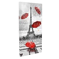 DongLin art Paris Eiffel Towel Paintings Stretched Modern Red Umbrellas on Rain Wall Art Oil Paintings for Wall or Home Decor City Paintings (Framed, 12 x 24 in)