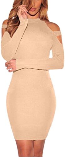 Women High Neck Body con Off Shoulder Knee Length A Line Club Midi Dress Khaki L